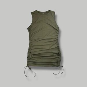 Army green ribbed knit drawstring hem ruched bodycon sleeveless mini dress XL